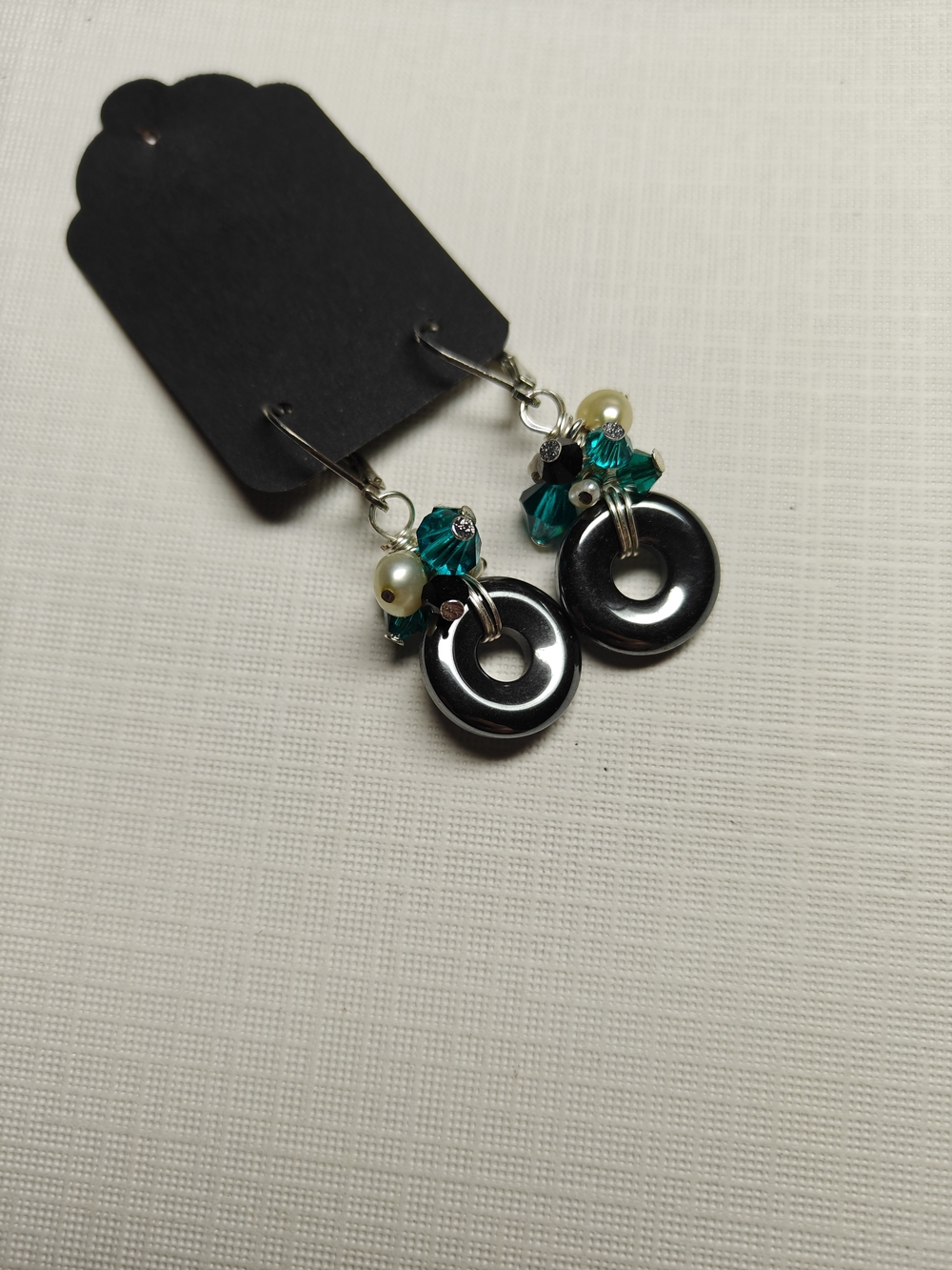 Handmade Hematite Hoop Earrings with Teal Crystals and Pearls NWOT
